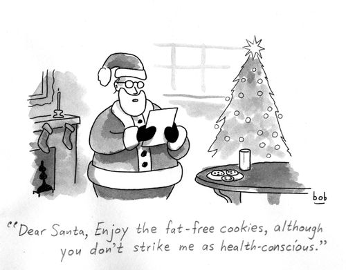 "Dear Santa, Enjoy the fat-free cookies, although you don't strike me as health-conscious."