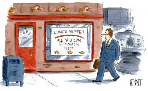 Man walks by a cafe with a sign saying "Lunch buffet - All you can stomach $12.95"