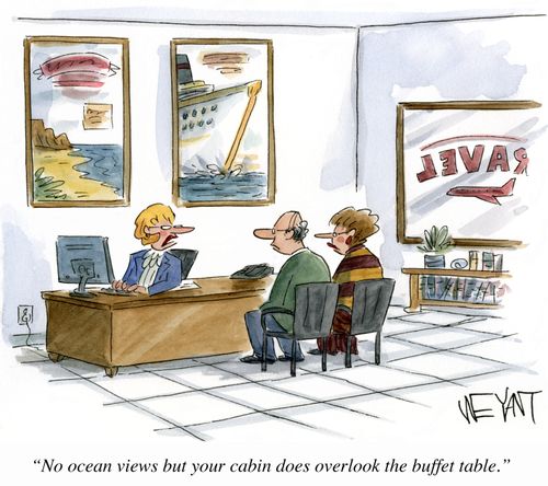 "No ocean views but your cabin does overlook the buffet table."