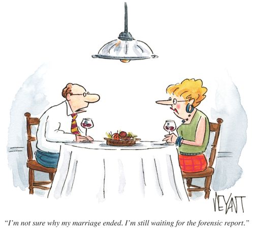 "I'm not sure why my marriage ended. I'm still waiting for the forensic report."