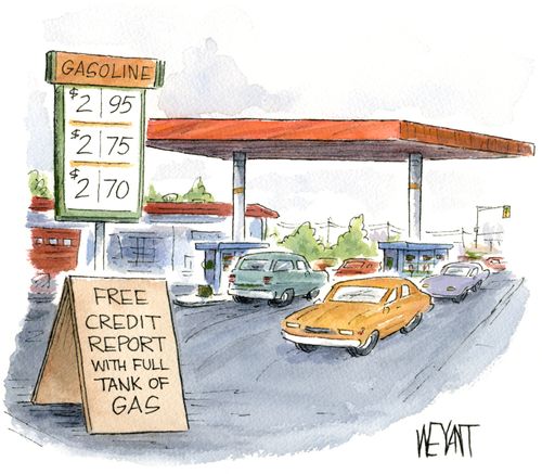 Gas station with a sign saying "Free credit report with full tank of gas"