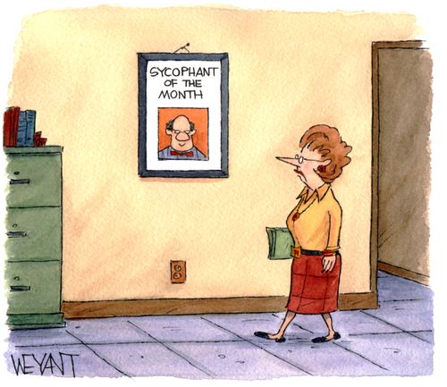 Woman walks past a sign in an office that reads "Sycophant of the month".