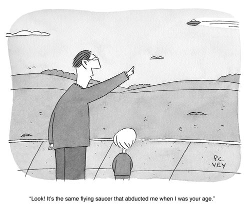 "Look! It's the same flying saucer that abducted me when I was your age."