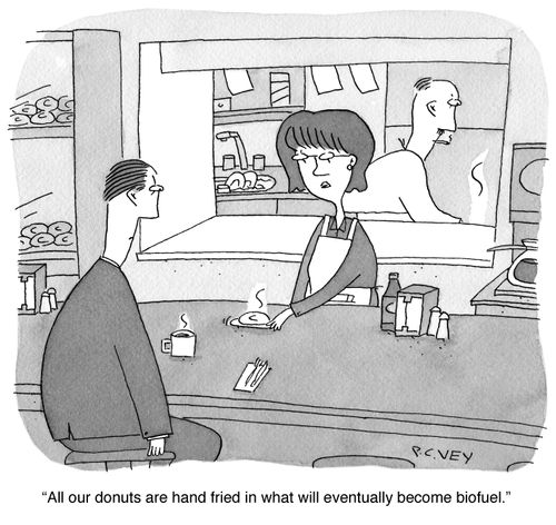 "All our donuts are hand fried in what will eventually become biofuel."