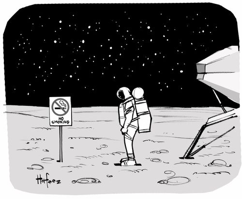 An astronaut exploring a new planet finds a "No Smoking" sign.