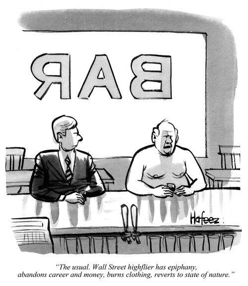 "The usual. Wall Street highflier has epiphany, abandons career and money, burns clothing, reverts to state of nature."