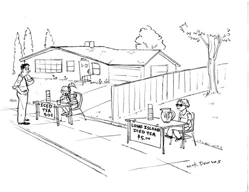 Two kids are selling iced tea from roadside stands; one is selling regular iced tea for 50¢ a cup, while the other is selling Long Island ice teas for $5.00 a cup. 
