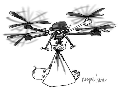 A drone carries a baby like a stork.