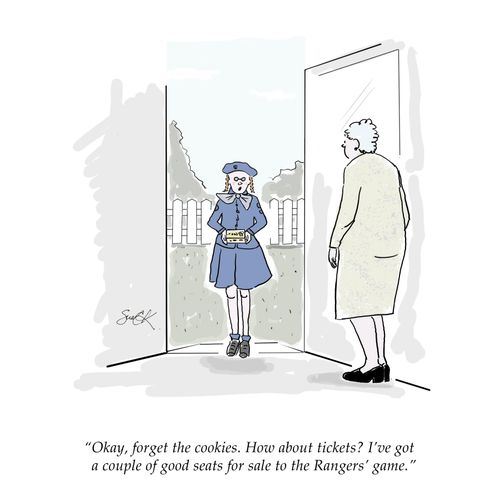 "Okay, forget the cookies. How about tickets? I've got a couple of good seats for sale to the Rangers' game."
