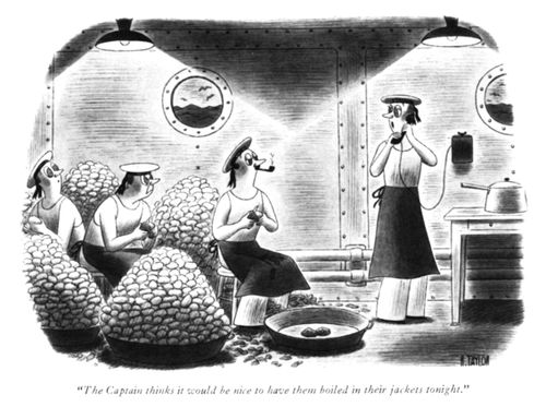 "the Captain thinks it would be nice to have them boiled in their jackets tonight."