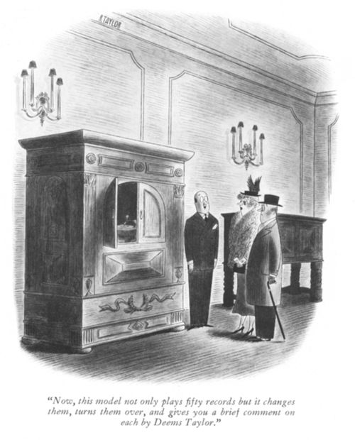 "Now, this model not only plays fifty records but it changes them, turns them over, and gives you a brief comment on each by Deems Taylor."