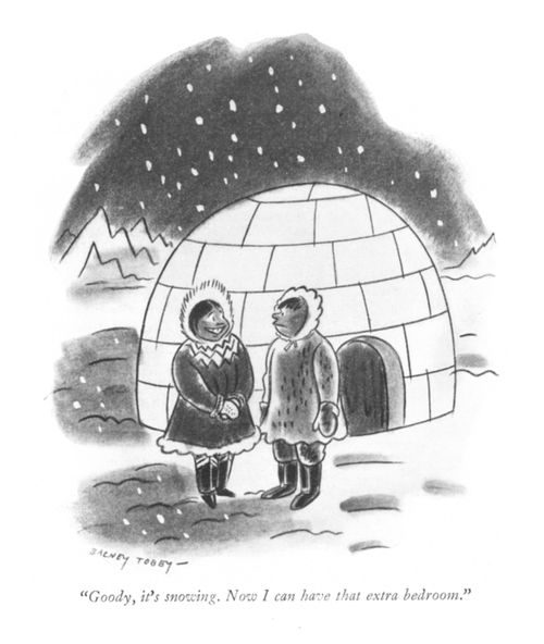 "Goody, it's snowing. Now I can have that extra bedroom."