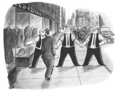 Three tailors block the street, forcing a passerby into their shop.
