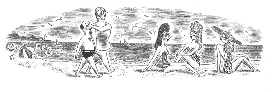 A woman angrily masks her husband's eyes at the beach