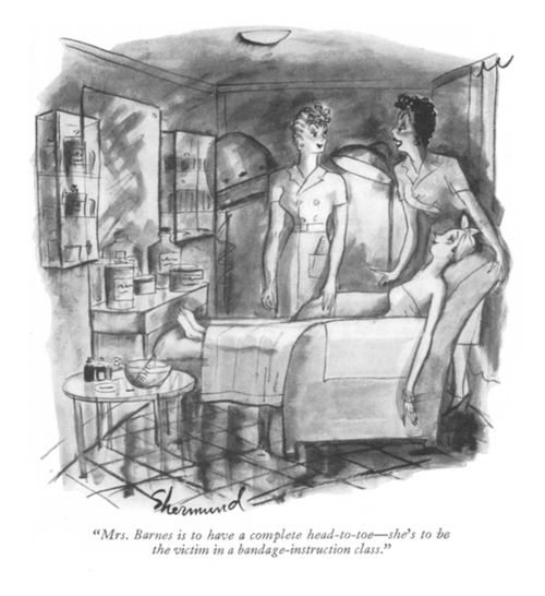 "Mrs. Barnes is to have a complete head-to-toe – she's to be the victim in a bandage-instruction class."