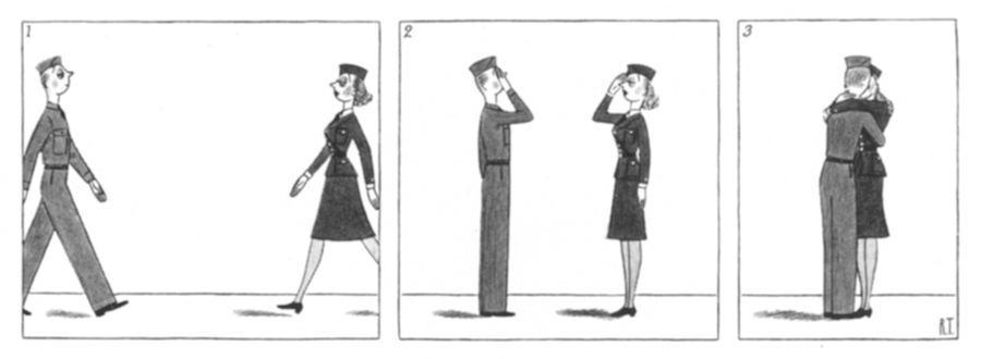 A man and a woman in military uniform salute each other and then embrace