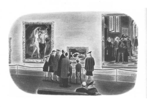 A group admires a painting of a steak