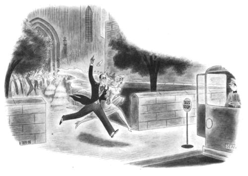 A bride and groom run to catch a bus