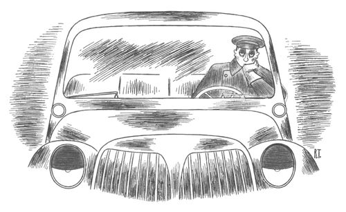 A sleepy looking driver waits for a passenger in a sleepy looking car.