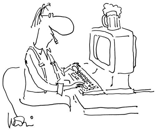 Man types with beer on his computer.