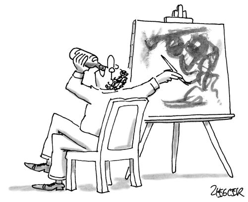 An artists drinks alcohol while painting on a canvas.