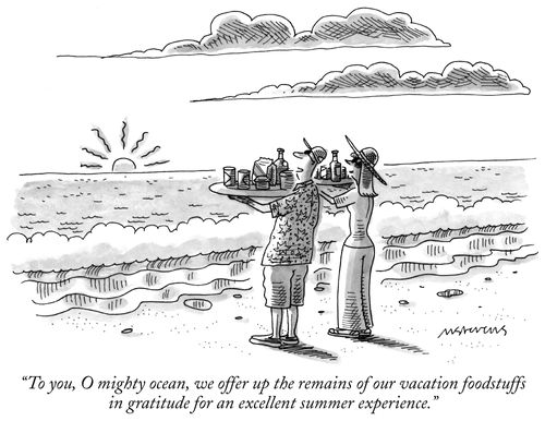 "To you, O mighty ocean, we offer up the remains of our vacation foodstuffs in gratitude for an excellent summer experience."