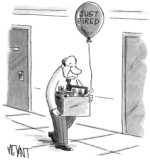 Man carrying a box of his stuff and a balloon that says "Just Fired"