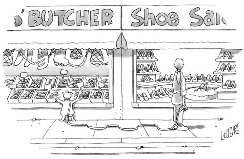 A dog looks longingly into a butcher shop and a woman looks longingly into a shoe store.