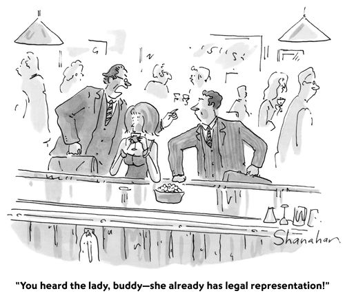 "You heard the lady, buddy - she already has legal representation!"