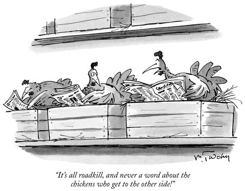 "It's all roadkill, and never a word about the chickens who get to the other side!"