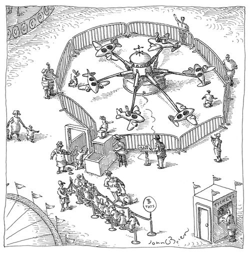 People enter an amusement park airplane ride through a metal detector.