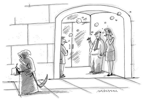 Grim reaper with a notepad passes a group of smokers
