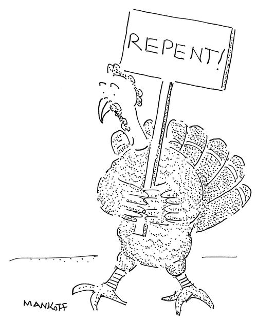 A turkey holds up a sign reading "Repent!"