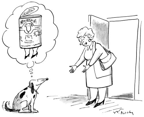A woman greets her dog