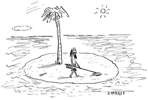 Man stranded on a desert island using a metal detector on the beach