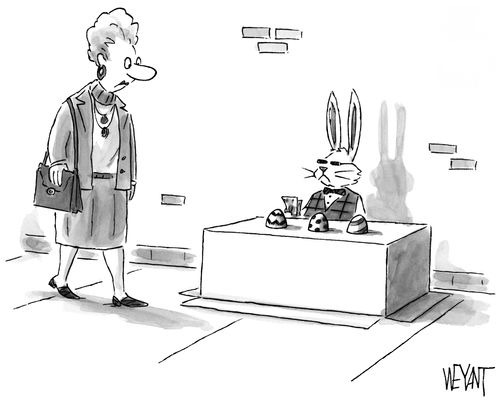The Easter Bunny plays three card monte with Easter egg.