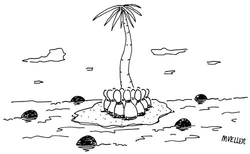 Bowling balls circle pins on a desert island.