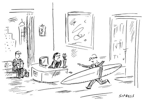 A businessman leaves a building carrying a surfboard