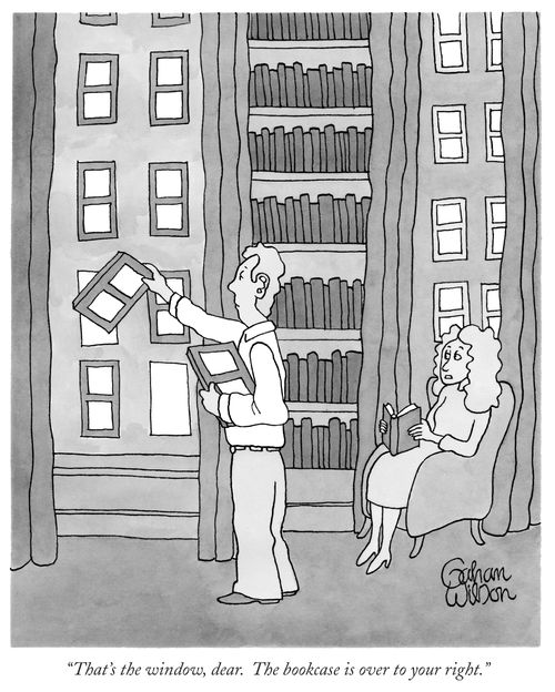 "That's the window, dear. The bookcase is over to your right."