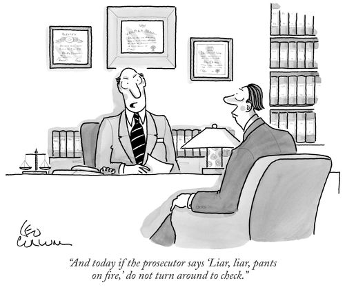 "And today if the prosecutor says 'Liar, liar, pants on fire,' do not turn around to check."