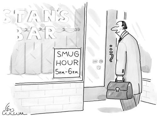 Man walks into a bar displaying a sign that reads "Smug Hour 5 p.m.-6 p.m."