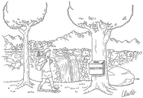 A hiker in the wilderness encounters a suggestion box.