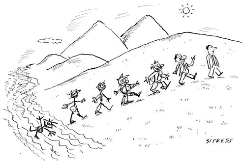 A stick figure evolving into a more realistic-looking man