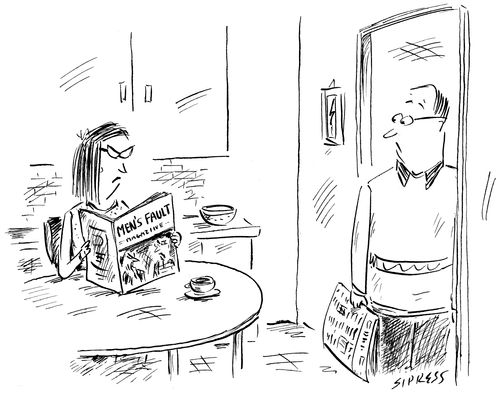 A woman reads "Men's Fault" magazine.