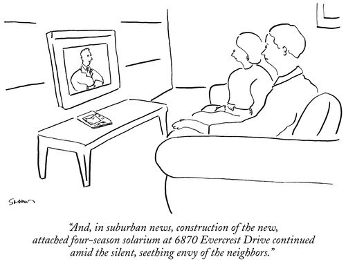 "And, in suburban news, construction of the new, attached four-season solarium at 6870 Evercrest Drive continued amid the silent, seething envy of the neighbors."