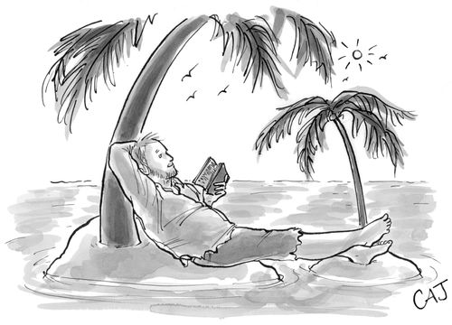 A man relaxes with a book on a desert island.