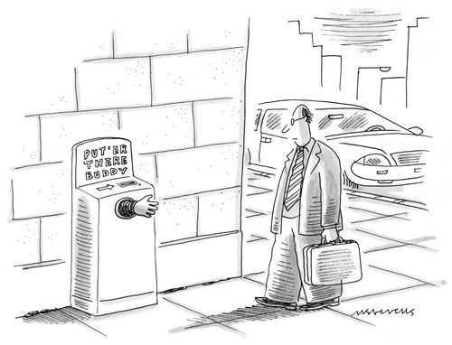 Man looking at a vending machine with a hand sticking out of it and a sign that reads "Put'er there buddy".