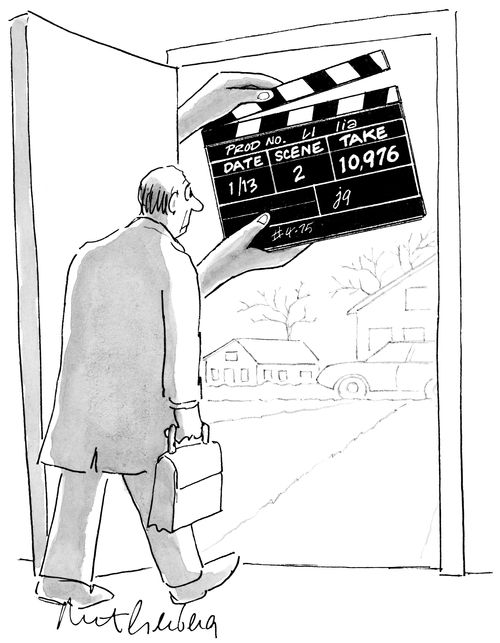 A man exits his house to a clapboard.