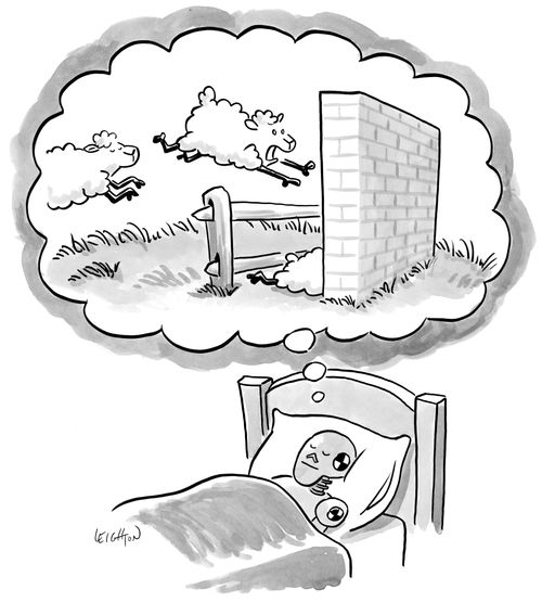 A crash test dummy counts sheep.