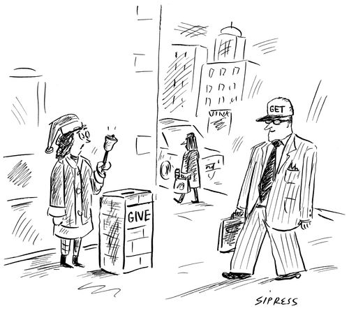 Woman's Charity Box Is Marked 'Give', Business Man's Hat Is Marked 'Get'